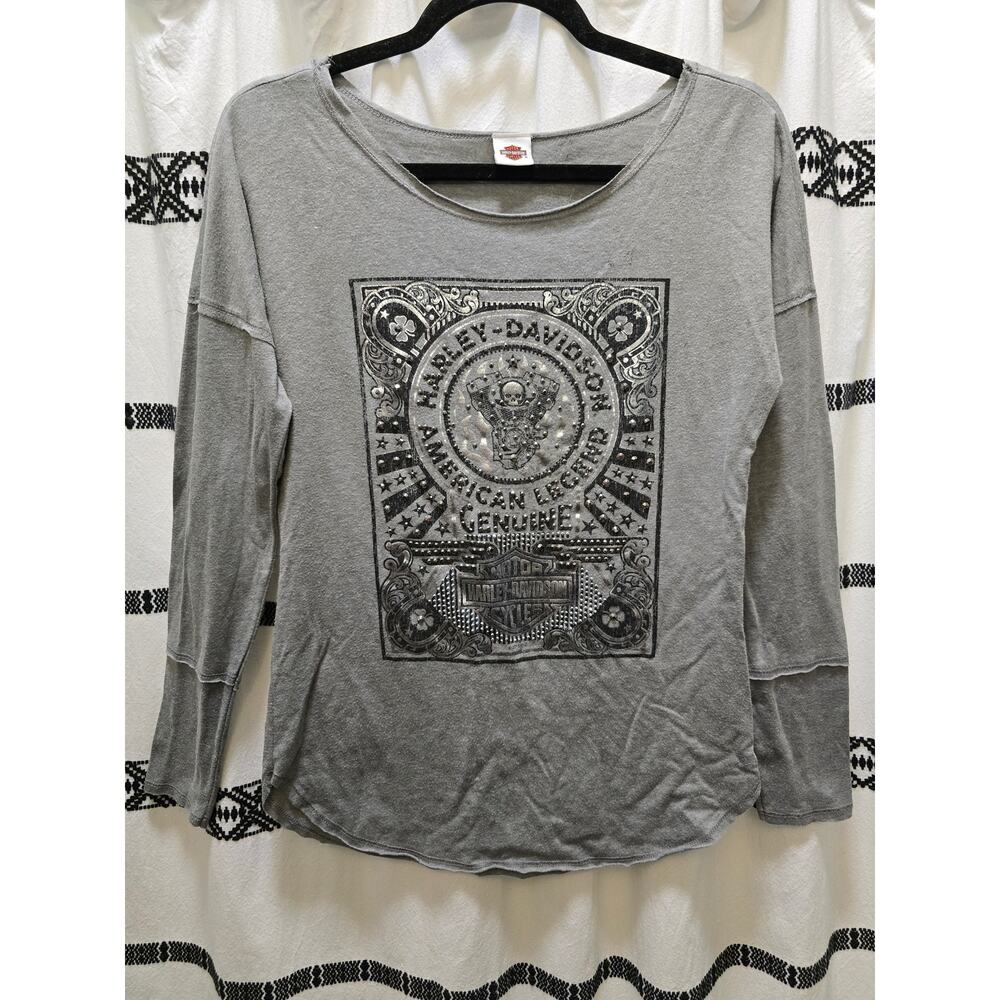 Harley Davidson Motorcycles rhinestone embellished boatneck long sleeve shirt